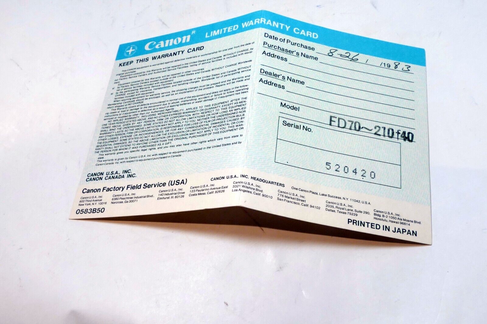 Canon FD 70-210mm f4 Lens warranty card vintage 1980's