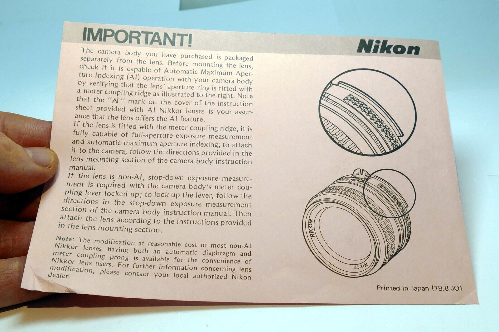 Nikon FE Automatic Indexing Operation lock Ai mount lens card brochure