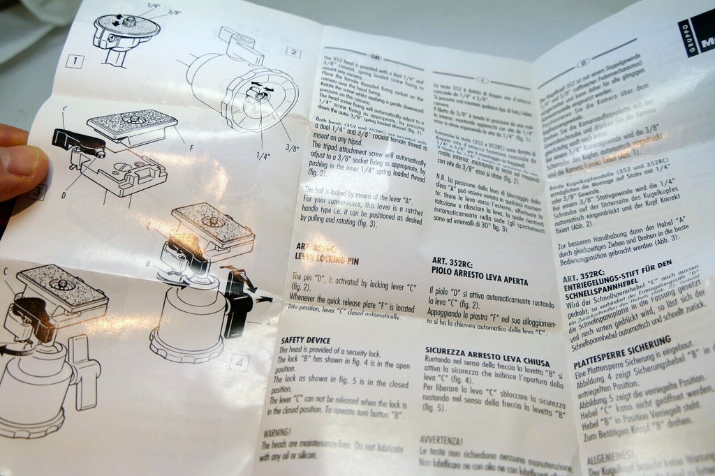 Manfrotto 352 RC Tripod Head Instructions manual Guide English E Sp Fr Gr It