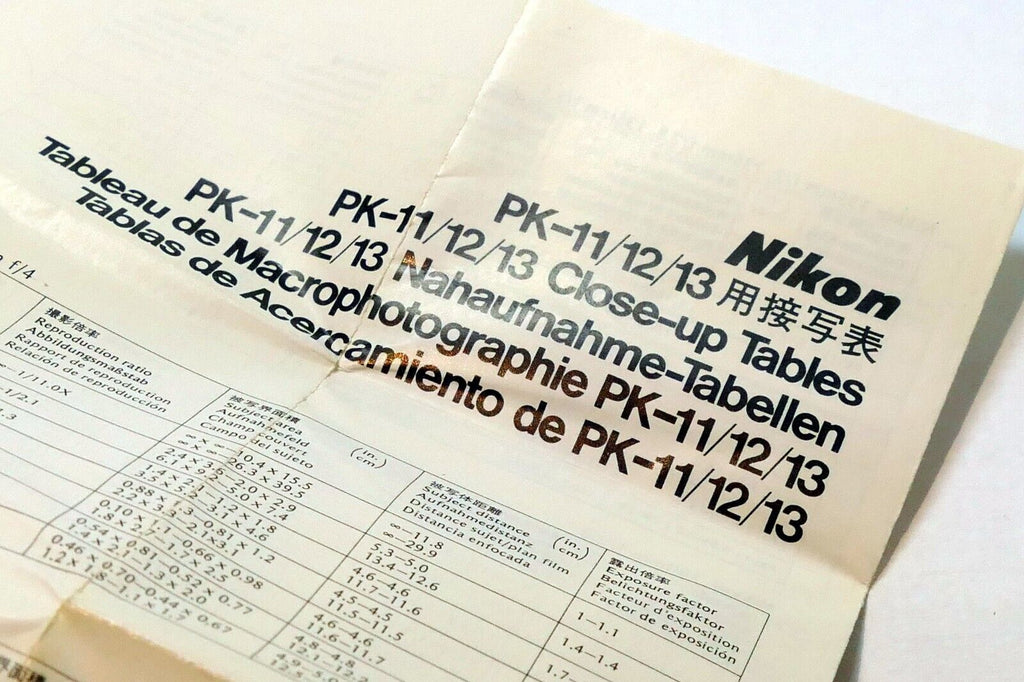 Nikon PK-11 12 13 Close up Tables chart for macro lens focus distance