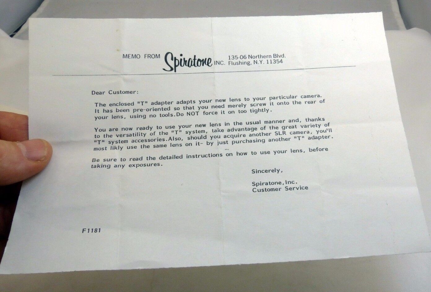 Memo from Stiratone for customer "T' Lens adapters English 1950's