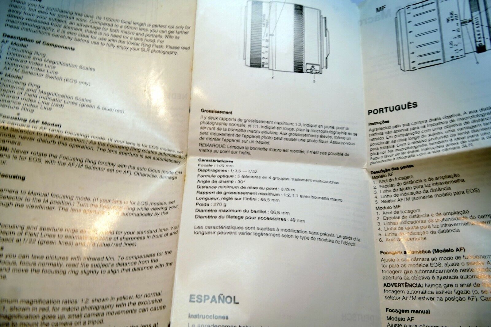 Vivitar 100mm f3.5 Macro AF 1:1  lens Instruction Owner's Sheet  Guide