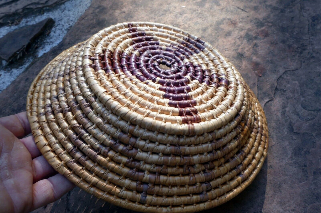 10" Basket Bowl Handwoven Natural Sea Grass Woven Boho Tribal star pattern