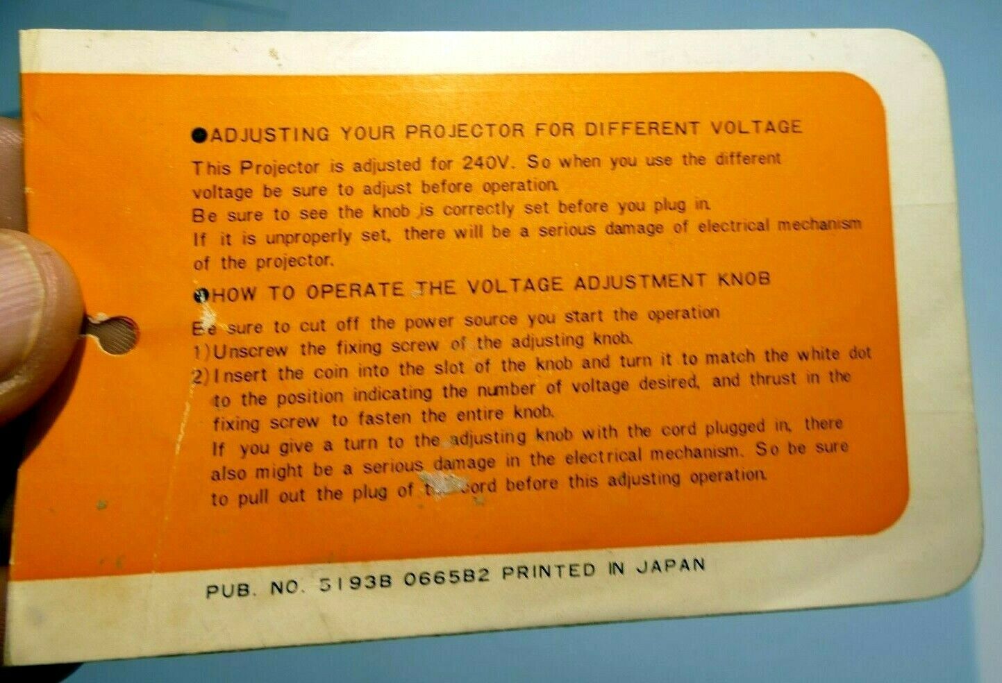 Instruction Card for projector 240 volts