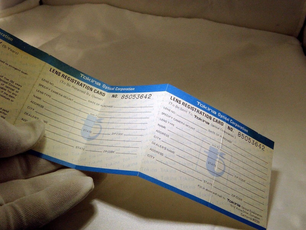 Tokina Lens  Limited Warranty Card Registration Card  1970's  vintage
