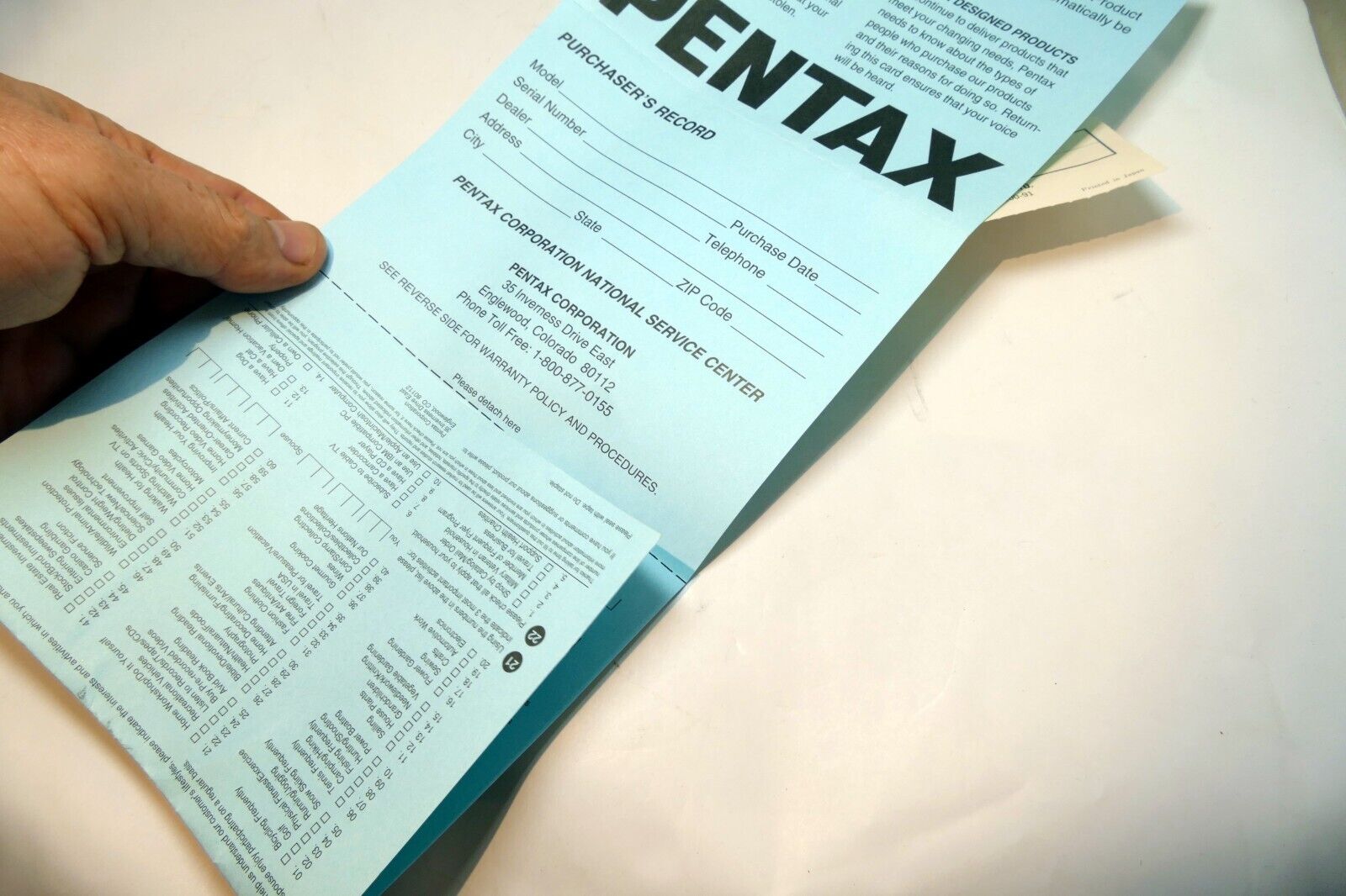 Pentax K1000 camera warranty card vintage 1980's