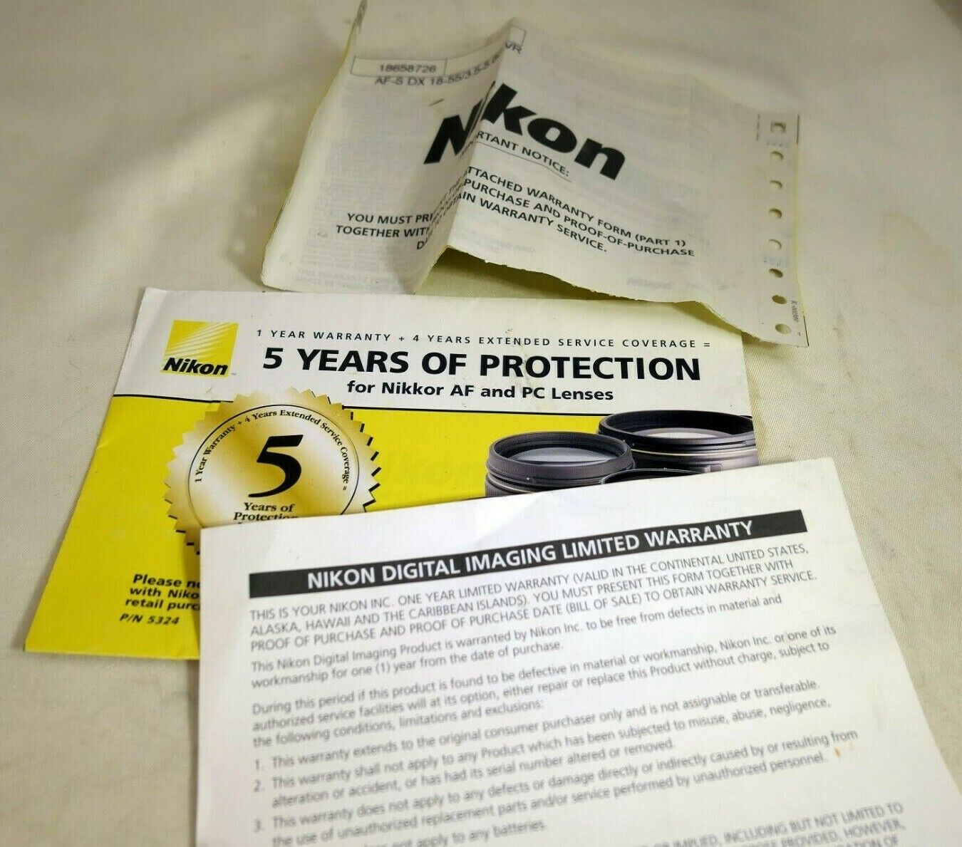 Nikon lens warranty card for 18-55mm f3.5-5.6 VR AF-S VR zoom  lens kit