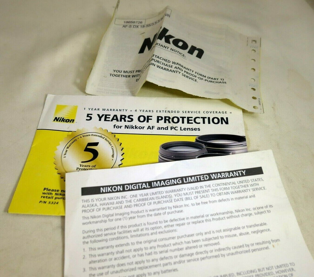 Nikon lens warranty card for 18-55mm f3.5-5.6 VR AF-S VR zoom  lens kit