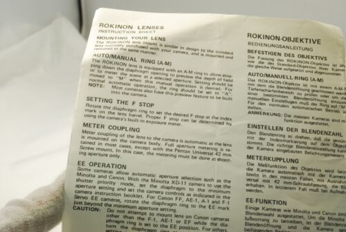 Rokinon Lenses Instruction Sheet Guide vintage 1970's manual focus zoom