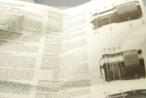 Rokinon Lenses Instruction Sheet Guide vintage 1970's manual focus zoom